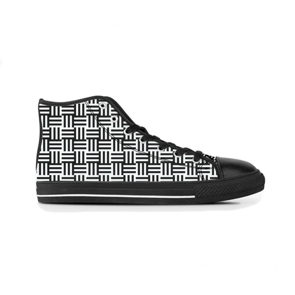 The side view of these Puzzling black and white sneakers displays the nice design in full view from the side to showcase the look and style that shoe lovers would like to experience with a nice casual walk in public view when in them.