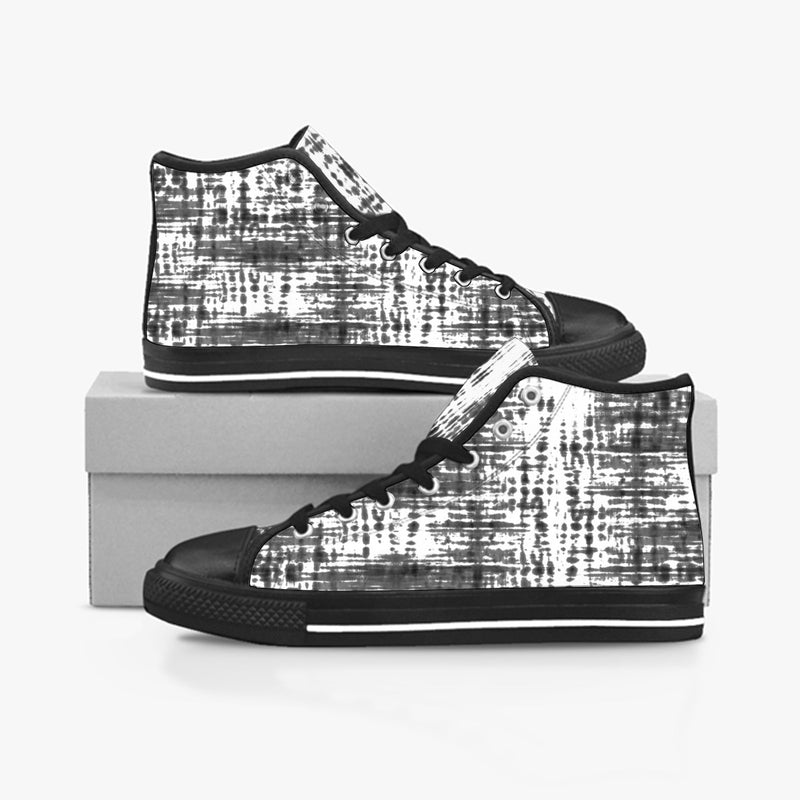 The side view of these Black Streak sneakers displays this stunning design in detail from the side in opposite directions with one shoe higher than the other to showcase the streaky black and white nicely blending to make a nice finish.