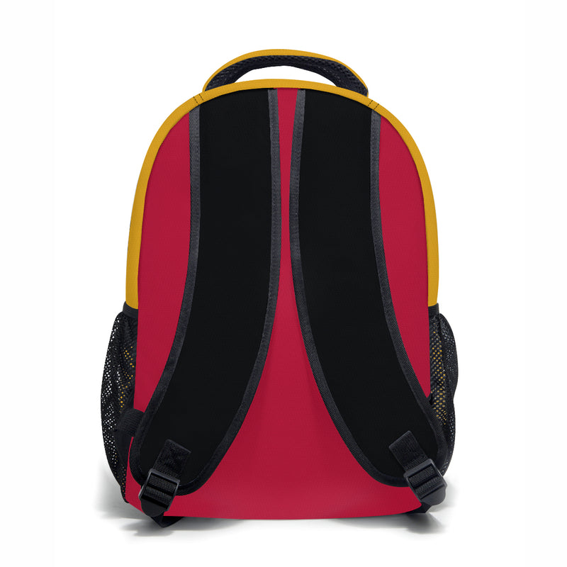 The Fire Engine Backpack contains the reinforced straps, adjustable shoulder straps, two mesh side pockets and is waterproof fabric.