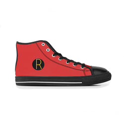 The Right One sneaker has arrived here at New Unique Stuff, displaying the letter "R" in yellow with a black circle background around it on a red base setting. The black trim surrounding the red gives a hot look and is eye-catching.