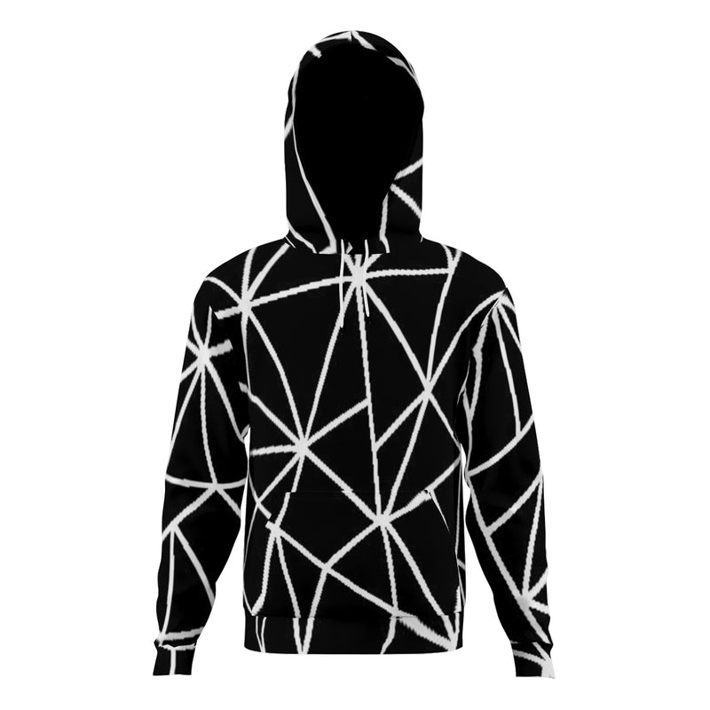 The Black Shocker Hoodie from the front features shock lines in white all over print on a dark background. Ideal for all occasions.