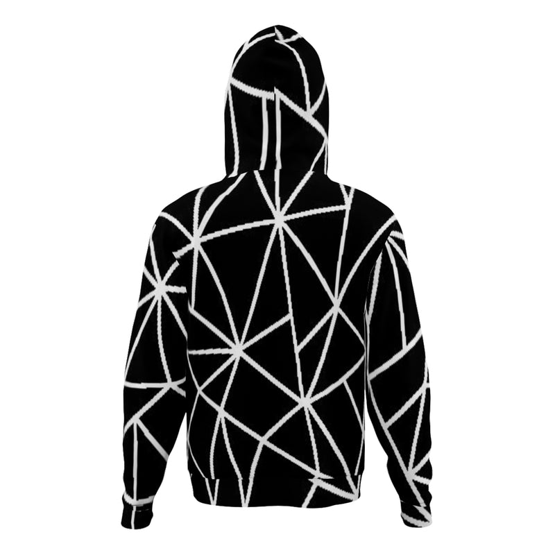 The back view end of this hoodie features the same as the front with all over white shock lines on a dark background.