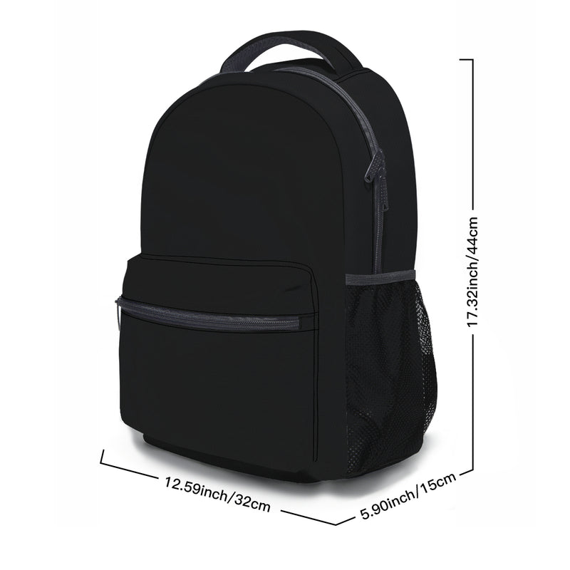 The size of this backpack: bottom 5.9 by 12.5 inches with a height of 17.3 inches. 